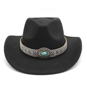 Western Cowboy Hat Wool Felt Retro Ethnic Woven Belt Turquoise Gemstone Wide Brim Outdoor Sunshade Fedora