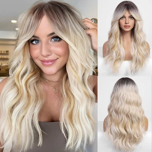 Three-view display of long blonde wavy wig with dark roots and bangs on model and mannequin