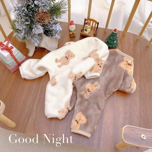 Plush double-sided fleece dog pajamas with cute bear prints in cream and brown
