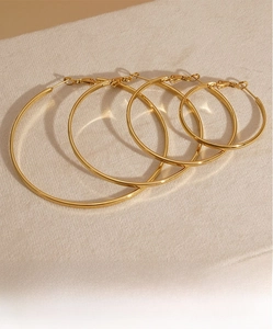 Detailed comparison of four pairs of golden stainless steel hoop earrings in varying sizes