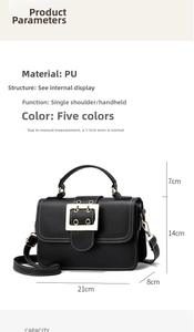 Detail showing high-quality black PU leather texture and dimensions of the square crossbody bag