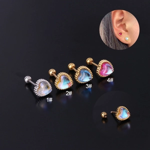 Heart Moonstone Stud Earrings Stainless Steel Screw Back Iridescent Piercing Jewelry For Women