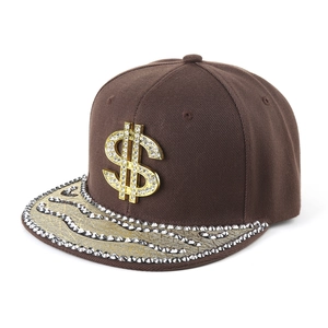 Brown hip hop flat brim baseball cap with golden rhinestone dollar sign and glitter brim