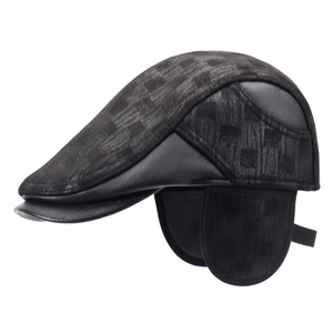 Men's winter baseball cap with ear flaps and quilted texture in deep black
