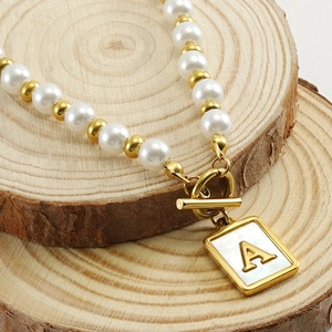 18K gold plated stainless steel pearl necklace with shell letter A pendant and OT buckle