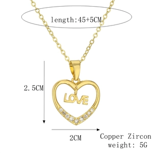 Detailed size specifications for the gold heart pendant necklace with LOVE inscription