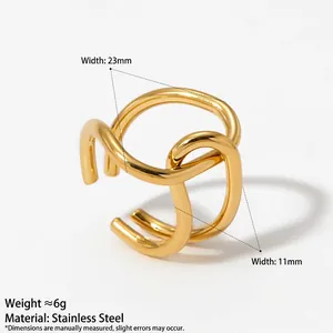 Polished gold stainless steel intertwined open ring with minimalist geometric double band design