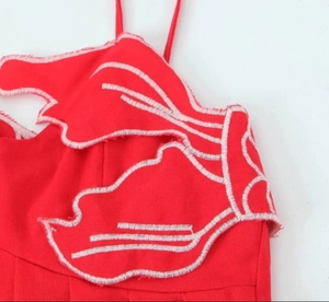 Détail de la broderie d'ailes blanches sur robe rouge licou avec bords effilochés