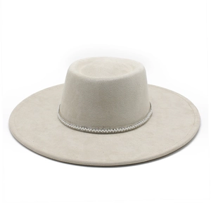 Elegant beige suede wide brim fedora with pearl and rhinestone band decoration