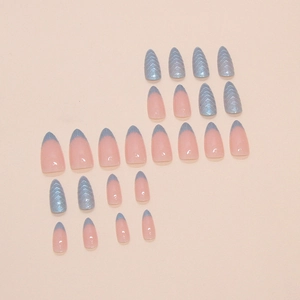Blue mermaid shell scale press-on nails with glossy blue French tip design set
