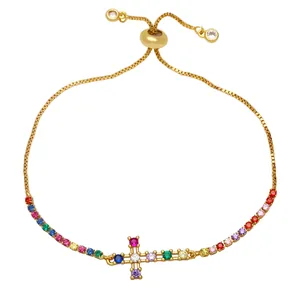 Gold-plated rainbow zircon cross adjustable bracelet with slider box chain