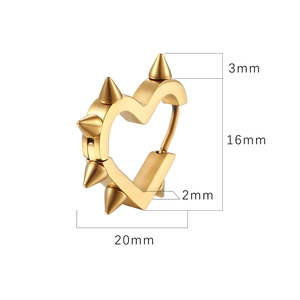 Punk style gold heart hoop earrings with spikes in polished stainless steel finish