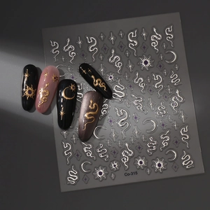 Detailed 3D relief nail stickers Co-315 with gold and silver snake, moon and star motifs