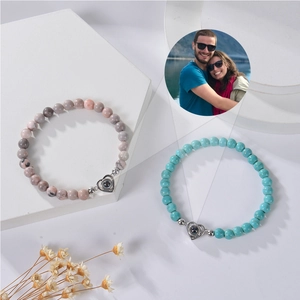 Custom photo projection heart bracelets with pink zebra stone and turquoise beads