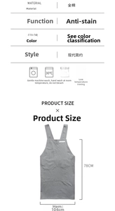 Detailed size chart for gray cotton apron with wide straps and large front pocket
