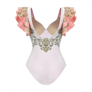 Elegant white one-piece swimsuit with pink ruffled sleeves and floral print detail