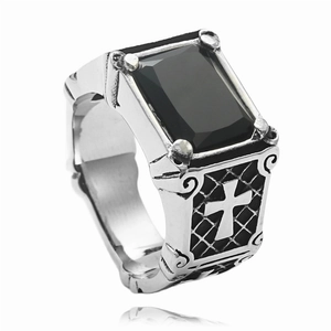 Retro punk titanium steel ring with rectangular black gemstone and cross relief detail