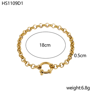 Detail of 14K gold plated stainless steel bracelet with spring clasp and dimensions