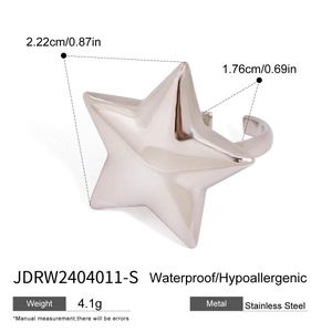 Detailed technical diagram of silver pentagram ring with dimensions and material specs
