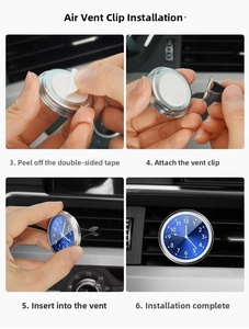 Installation guide for blue quartz car clock showing adhesive pads and vent clip steps