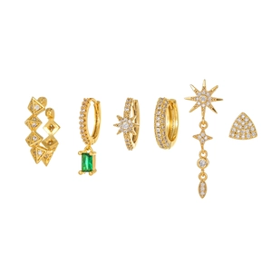 6-piece gold geometric earring set with stars, emerald green charms, and zircons