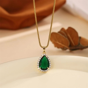 Elegant gold titanium steel necklace with a pear-cut green zircon teardrop pendant
