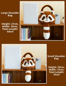 Size comparison chart for plush raccoon shoulder bags with daily essential items