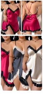 Détail de nuisette grande taille en satin avec dentelle et col en V en plusieurs couleurs