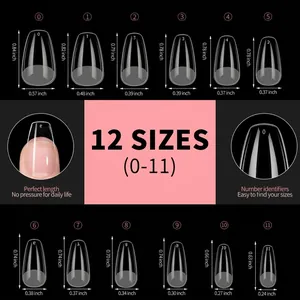 Tableau des tailles détaillé pour 550 faux ongles cercueil ultra-fins en 12 tailles