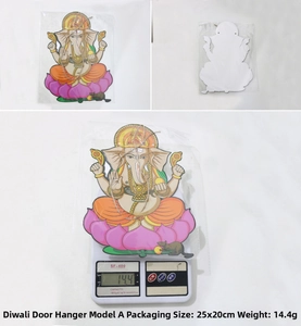 Detail of Diwali Ganesha door hanger with vibrant patterns and weight measurement