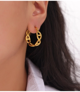Macro view of gold-plated oval anchor chain earrings worn by model for elegant style