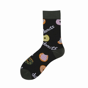 Mid-calf black crew socks with colorful donut patterns and knit text for men and women