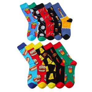 Flat lay of colorful cotton socks with food patterns like burgers, fries and hot dogs