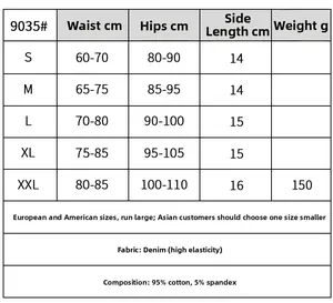 Detaillierte Größentabelle für High Waist Denim Shorts mit Maßen und Materialangaben