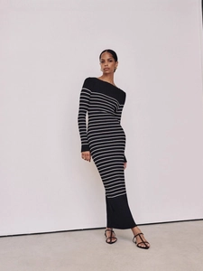 Elegant long sleeve bodycon knit dress with classic black and white stripes for women