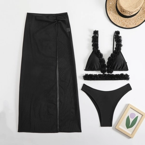 Three-piece black bikini set with 3D floral lace and a sheer mesh long skirt cover-up