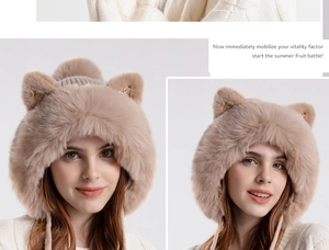 Close-up of winter knit hat featuring cute cat ears and thick faux fur thermal lining