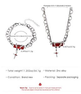 Detailed size specifications for silver alloy necklace and bracelet with red gemstones
