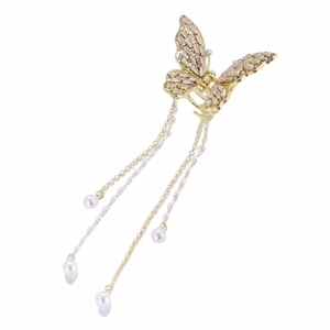 Golden butterfly hair claw clip with sparkling crystals and pearl tassel drop chains