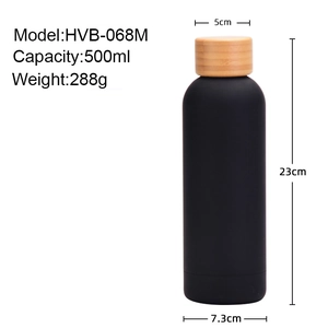 500ml matte black stainless steel vacuum flask with bamboo lid and product dimensions