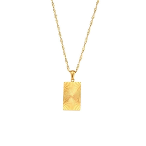 Golden stainless steel rectangle necklace with sunburst texture and wave chain