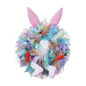 Easter bunny wreath with colorful mesh fabric, carrot accents and plush rabbit tail decoration