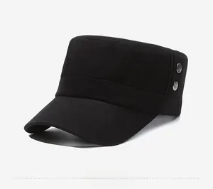 Side view of black cotton flat top army cap with silver metal buckles and twin stitching