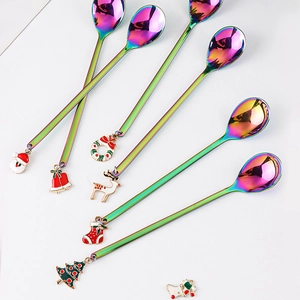 Stainless Steel Christmas Coffee Spoons Fruit Forks With Enamel Charms Long Handle Dessert Cutlery For Holiday Party Gifts