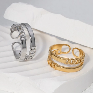Modern dual-layer adjustable rings in silver and gold with chain and smooth band style