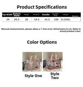Size chart showing large floral tote bag dimensions with strap and handle details