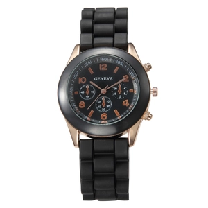 Detail showing Geneva silicone watch with rose gold case and three-eye dial design