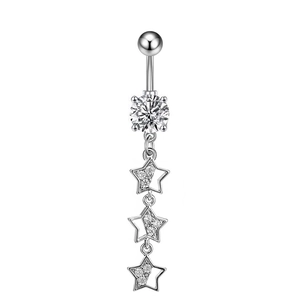 Detailed view of silver navel ring featuring large zircon and three hanging hollow stars