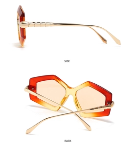 Side and back view of fashion oversized square sunglasses with orange gradient lenses