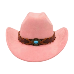 Chapeau de cowboy rose avec bande en cuir tressé et détail de pierre turquoise